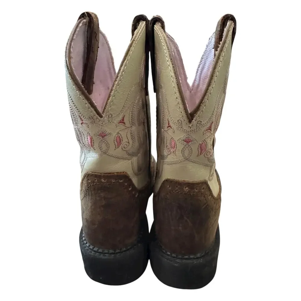 Justin Kids Western Cowboy Boots Brown Cream Embroidered Leather Size 7B